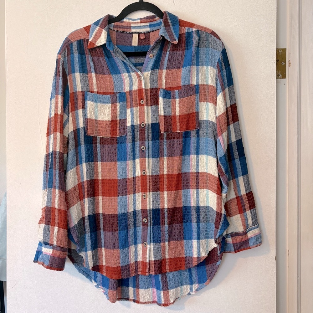 Pilcro Anthropologie Top Womens Size XS Red Blue Plaid Button Up Shirt Oversized